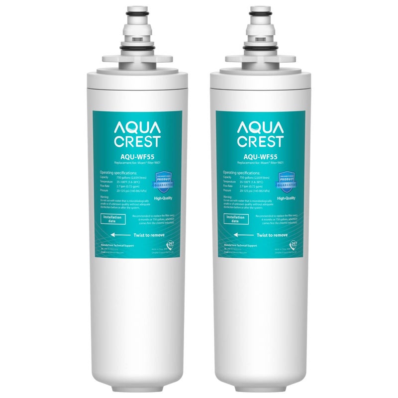 AQUACREST 9601 Water Filter, Model No.AQU-WF55. Replacement for Moen 9601 ChoiceFlo 9600, 9602, 9500, 9501, 9502, Fits F87400, F7400, F87200, 77200, CAF87254, S5500 Series of Moen Faucets (Pack of 2) - Image 1